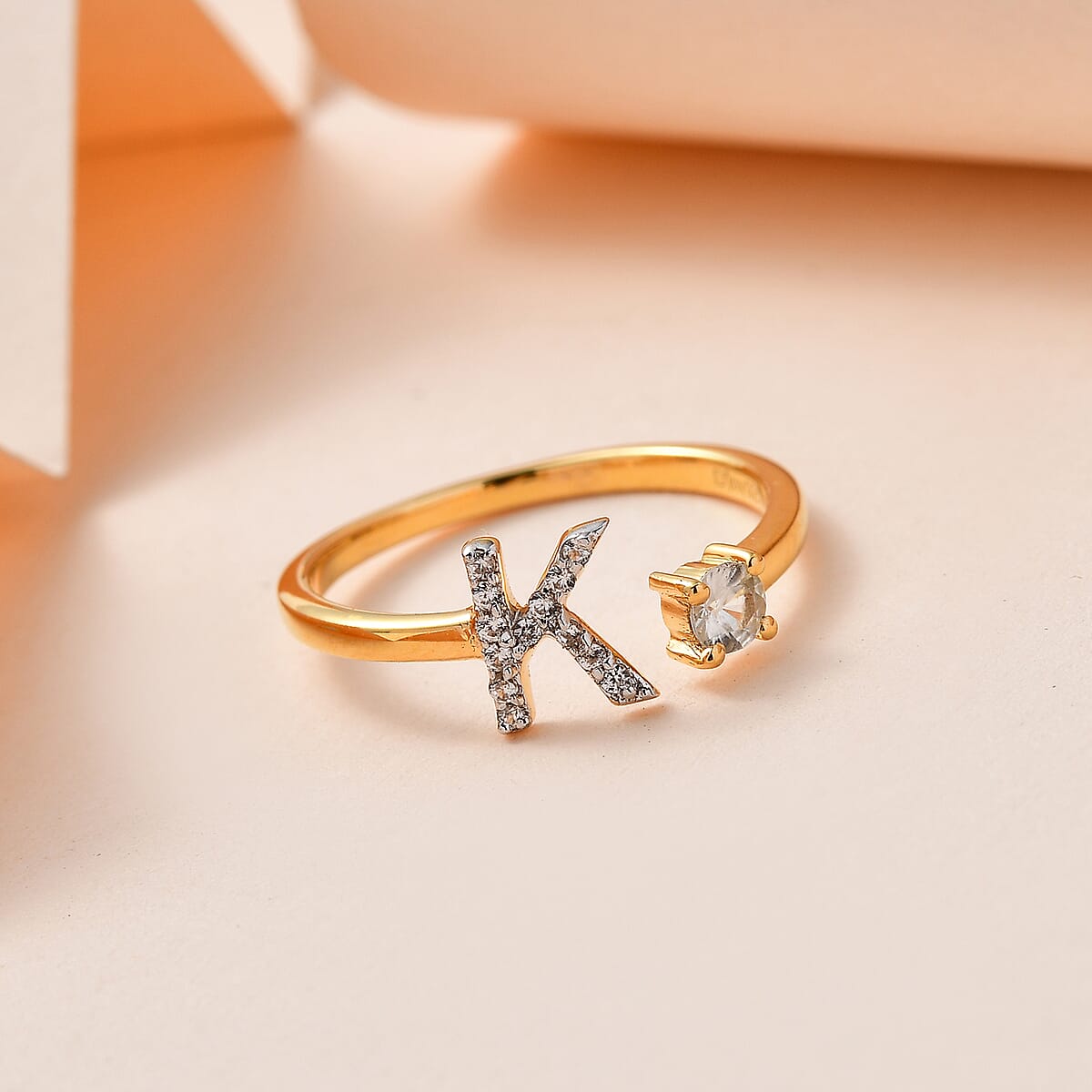 White Zircon Initial K Open Band Ring in Vermeil Yellow Gold Over Sterling Silver (Size 8.0) 0.30 ctw image number 1