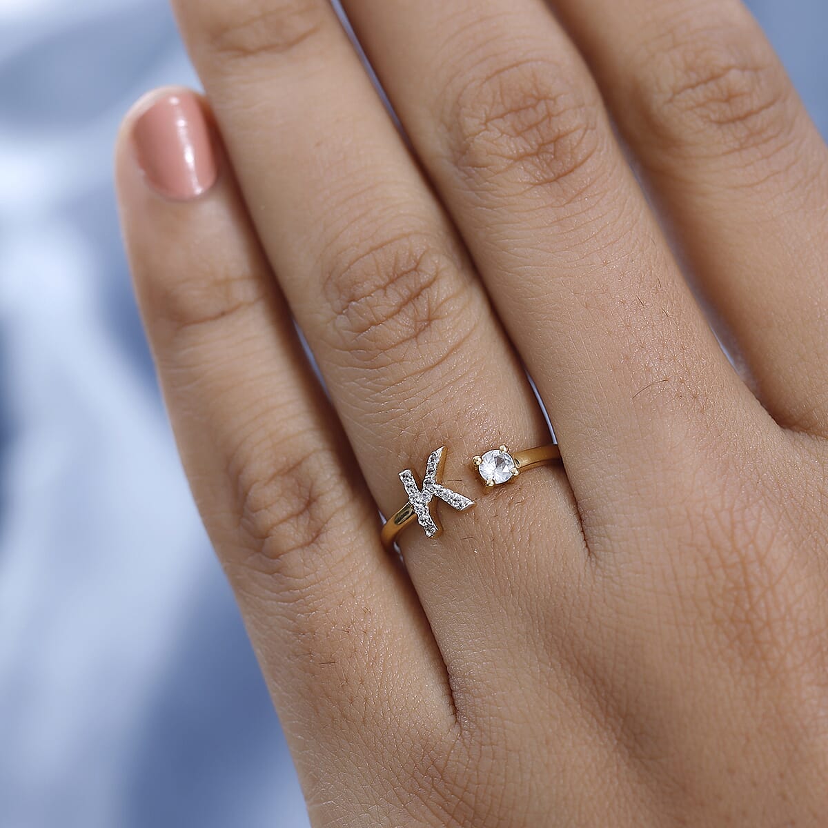 White Zircon Initial K Open Band Ring in Vermeil Yellow Gold Over Sterling Silver (Size 8.0) 0.30 ctw image number 2