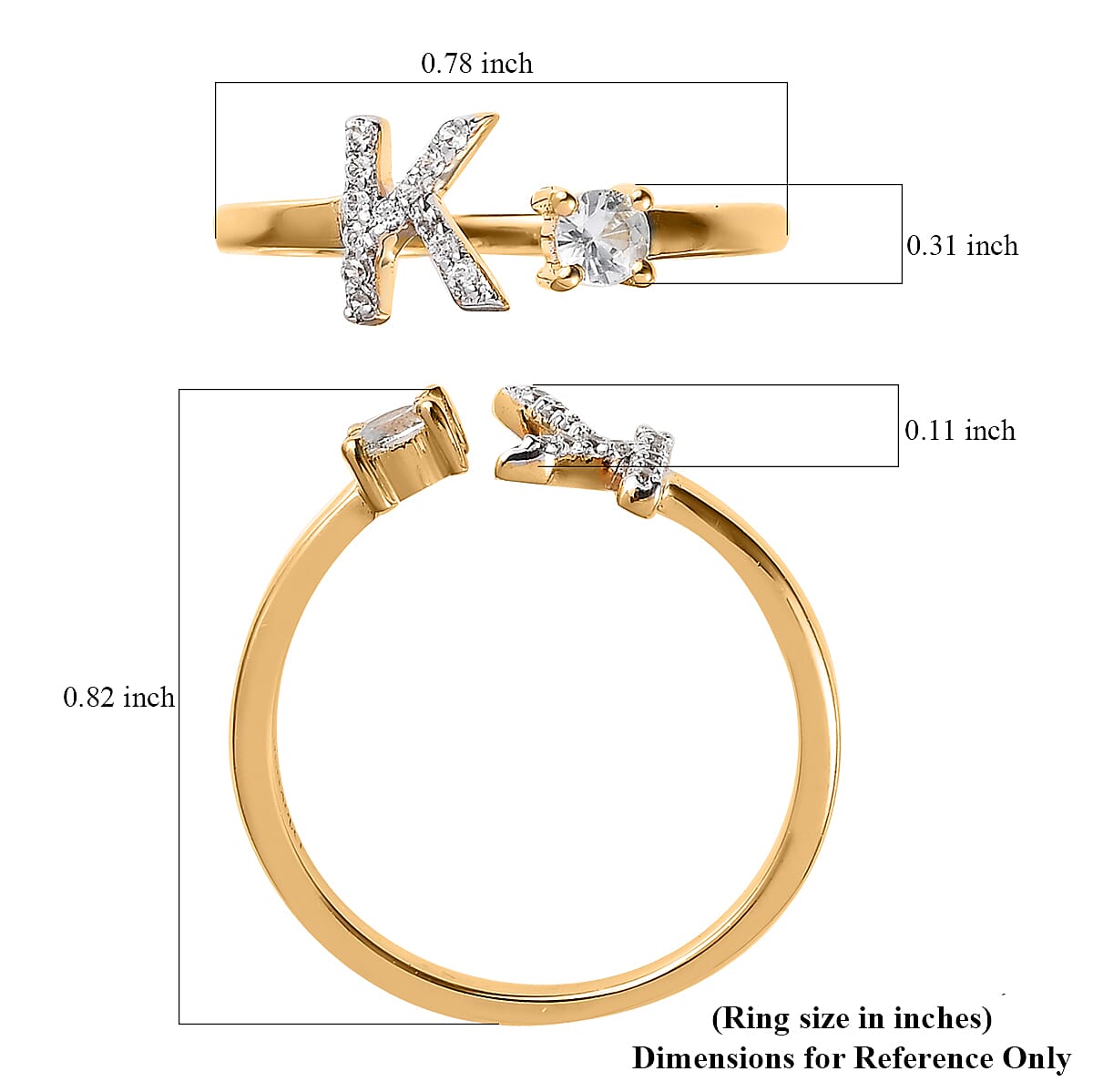 White Zircon Initial K Open Band Ring in Vermeil Yellow Gold Over Sterling Silver (Size 8.0) 0.30 ctw image number 5