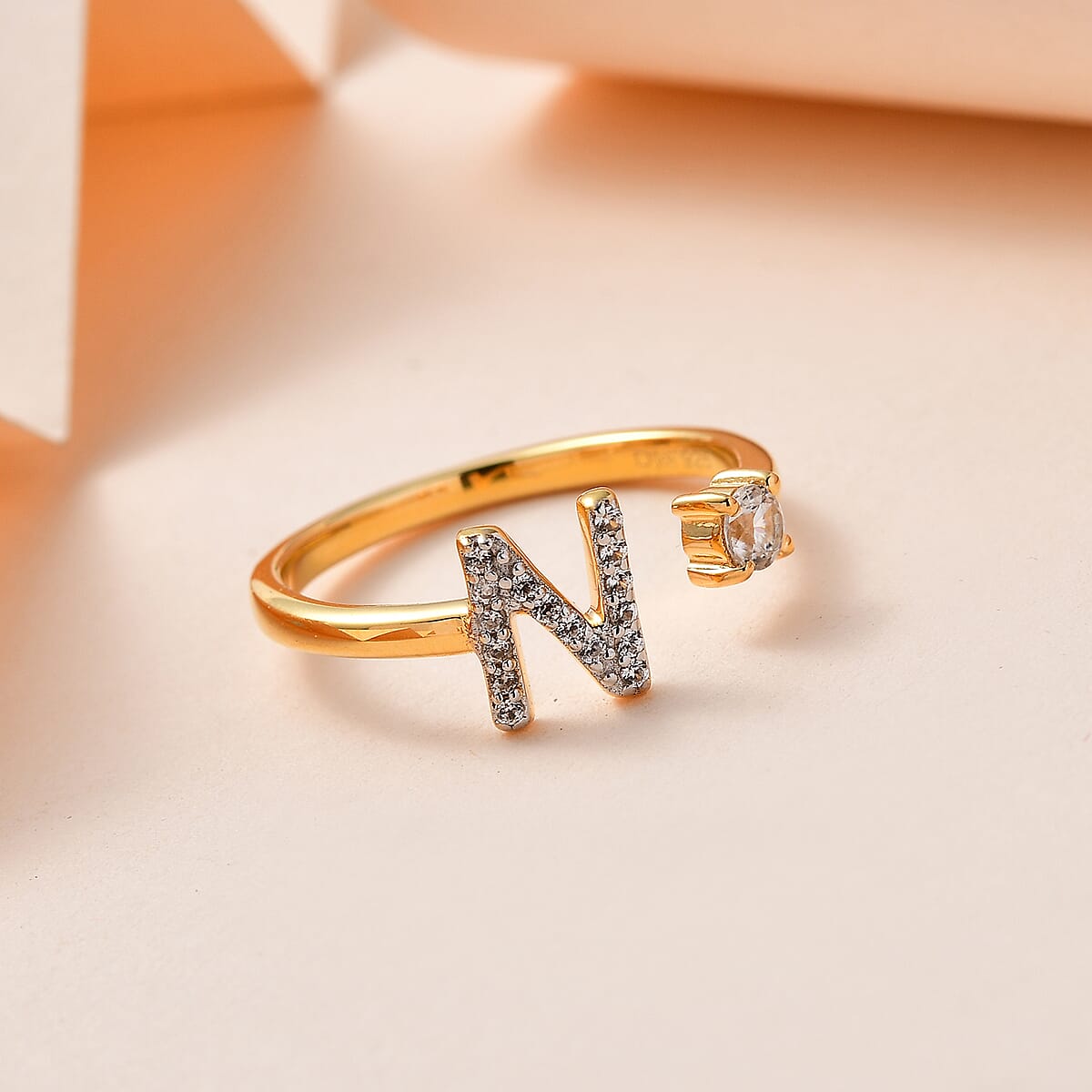 White Zircon Initial N Open Band Ring in Vermeil Yellow Gold Over Sterling Silver (Size 8.0) 0.35 ctw image number 1