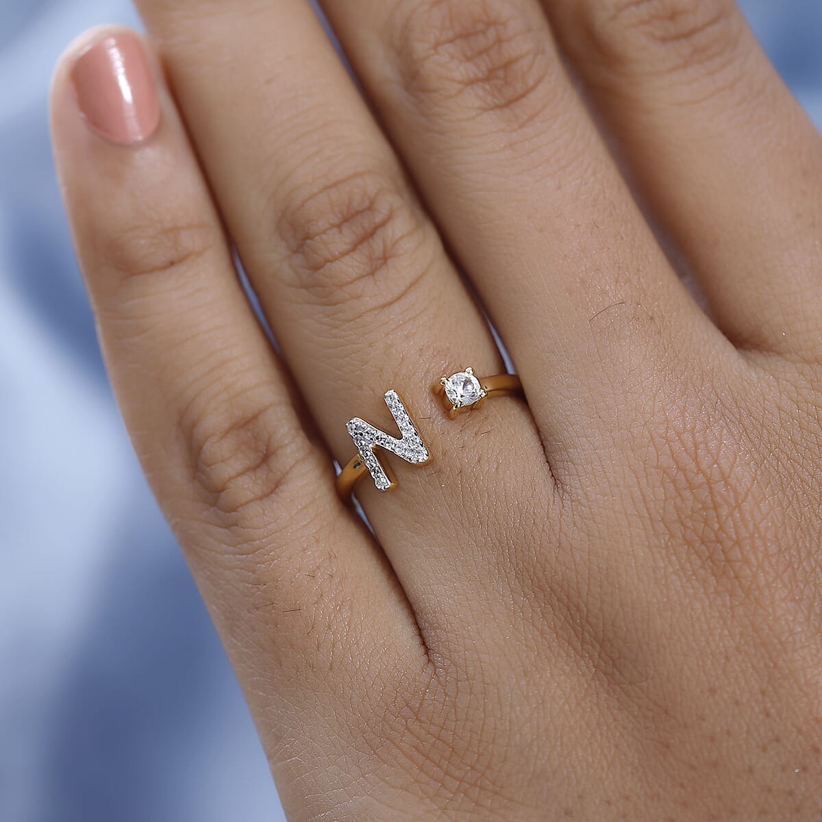 White Zircon Initial N Open Band Ring in Vermeil Yellow Gold Over Sterling Silver (Size 8.0) 0.35 ctw image number 2