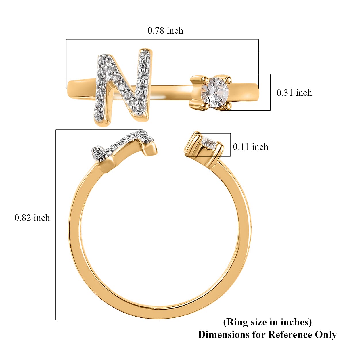 White Zircon Initial N Open Band Ring in Vermeil Yellow Gold Over Sterling Silver (Size 8.0) 0.35 ctw image number 5