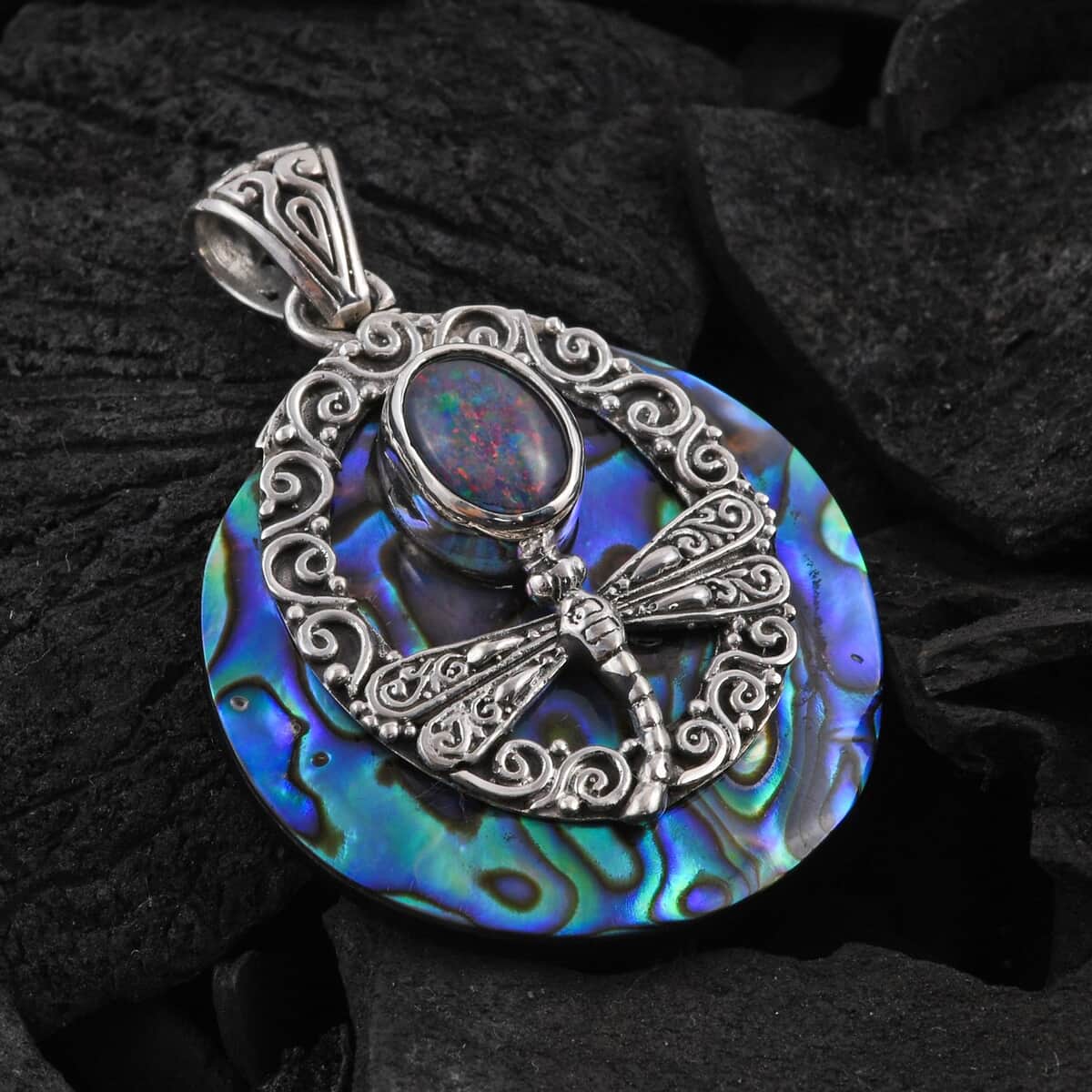 Bali Legacy Abalone Shell and Boulder Opal Triplet Dragonfly Pendant in Sterling Silver 1.25 ctw image number 1