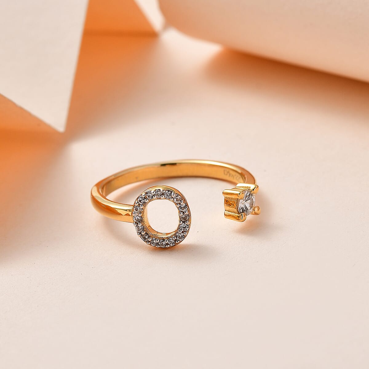 White Zircon Initial O Open Band Ring in Vermeil Yellow Gold Over Sterling Silver (Size 6.0) 0.30 ctw image number 1