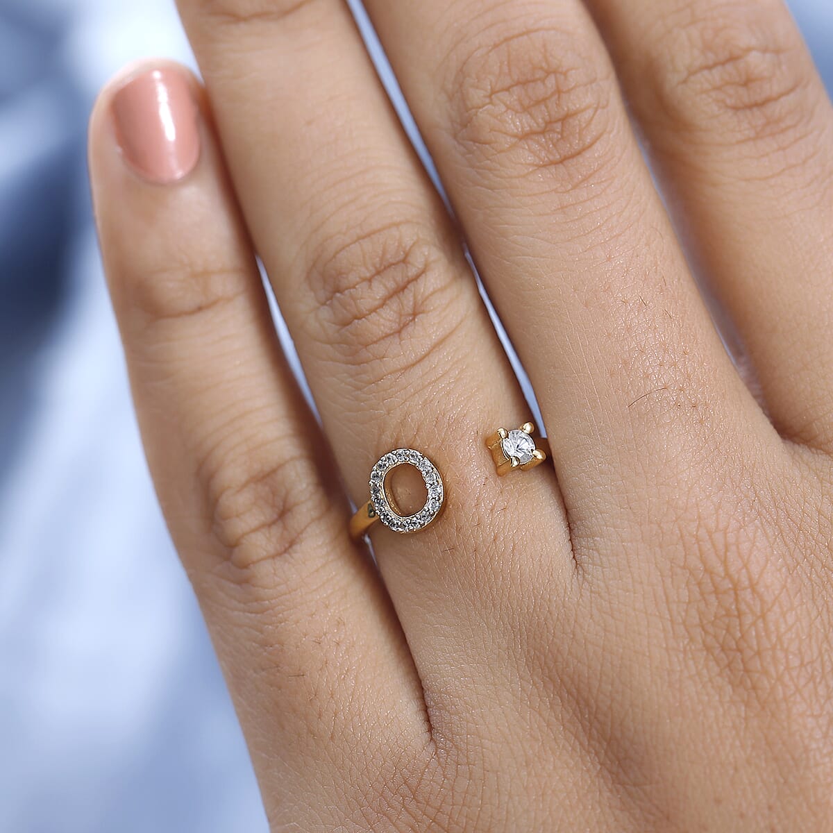 White Zircon Initial O Open Band Ring in Vermeil Yellow Gold Over Sterling Silver (Size 6.0) 0.30 ctw image number 2