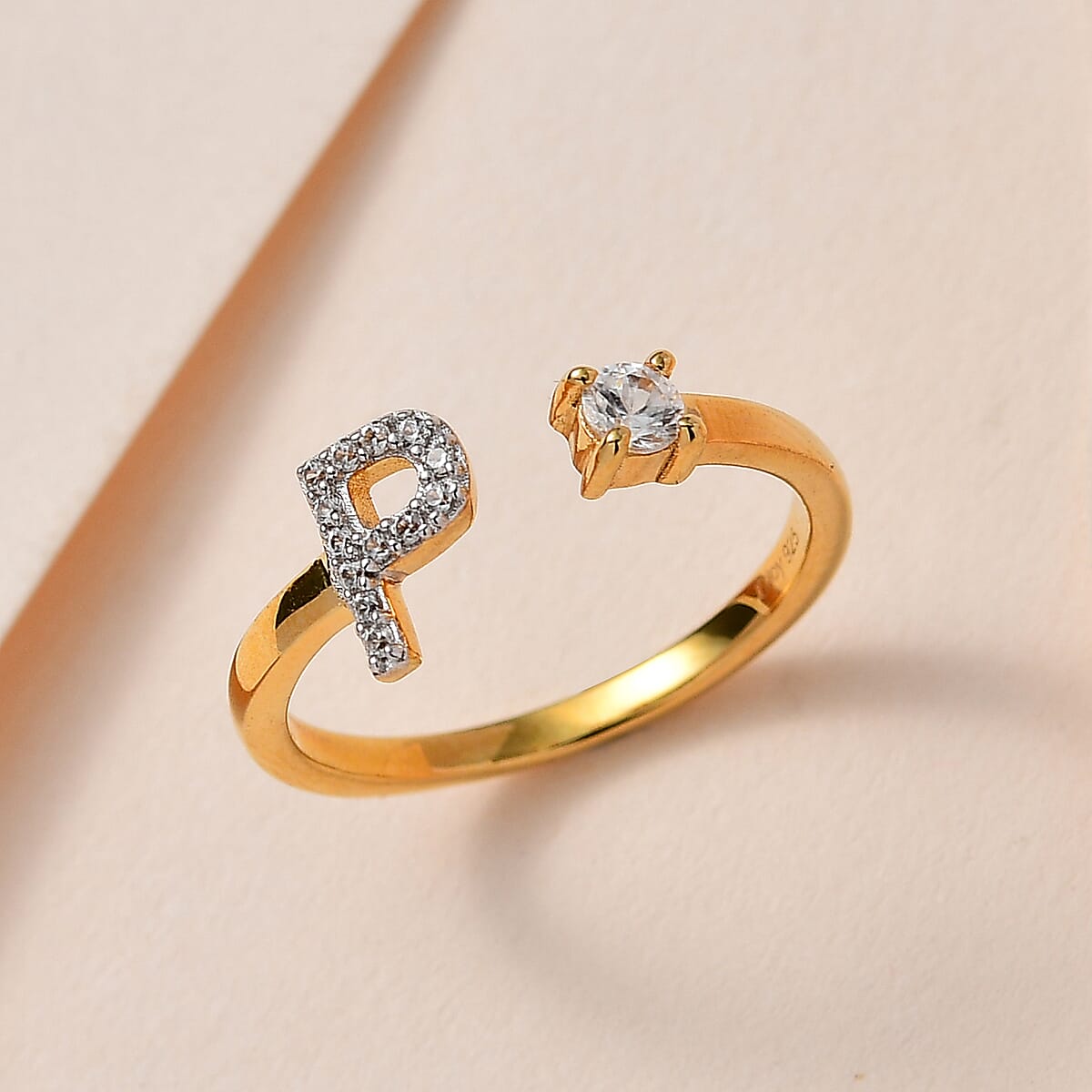 White Zircon Initial P Open Band Ring in Vermeil Yellow Gold Over Sterling Silver (Size 9.0) 0.30 ctw image number 1