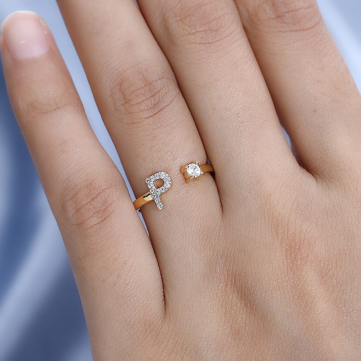 White Zircon Initial P Open Band Ring in Vermeil Yellow Gold Over Sterling Silver (Size 9.0) 0.30 ctw image number 2