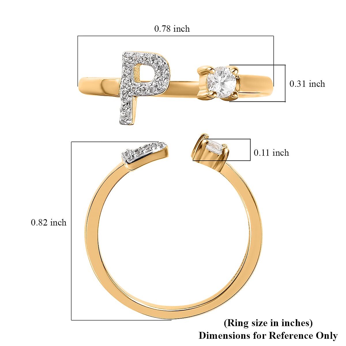 White Zircon Initial P Open Band Ring in Vermeil Yellow Gold Over Sterling Silver (Size 9.0) 0.30 ctw image number 5