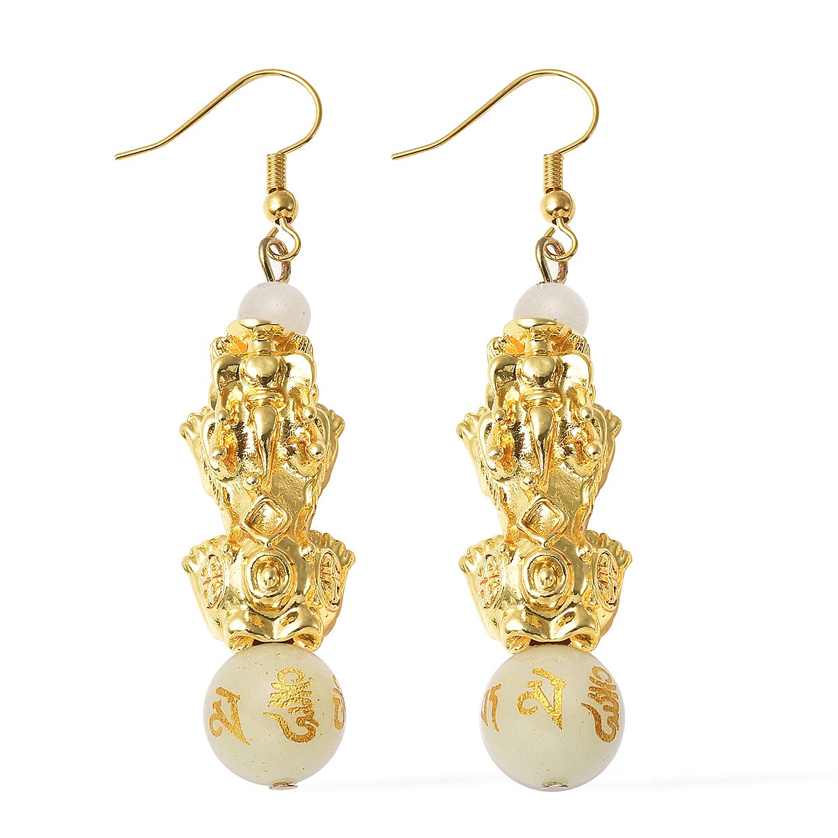 Feng shui Luminous Beaded Pi Xiu Earrings in Goldtone 18.50 ctw