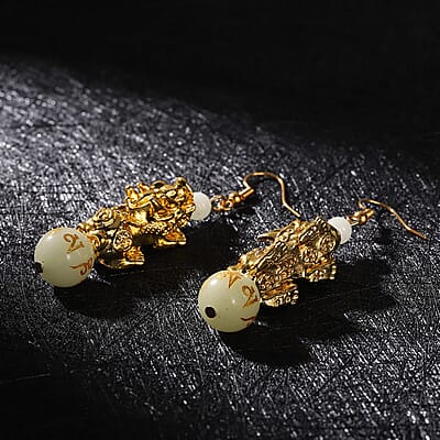 Feng shui Luminous Beaded Pi Xiu Earrings in Goldtone 18.50 ctw