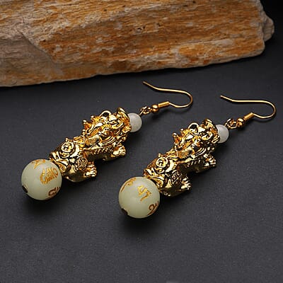 Feng shui Luminous Beaded Pi Xiu Earrings in Goldtone 18.50 ctw