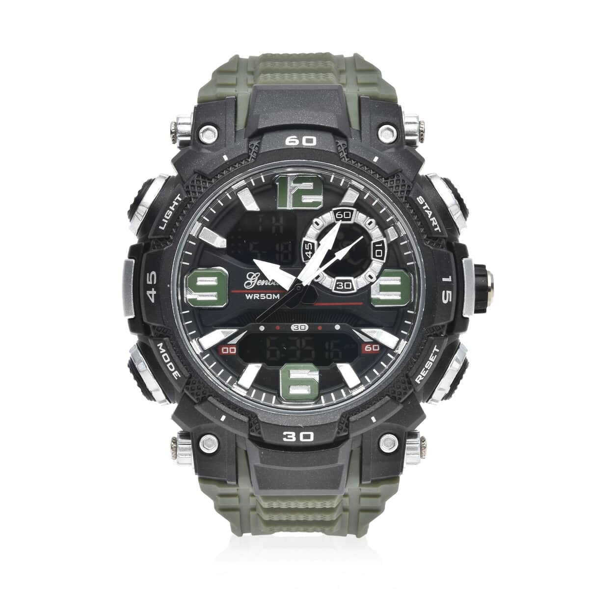 Genoa Japanese and Electronic Movement Multi Functional Black Dial Watch with Army Green Silicone Strap (7.50-8.75 Inches) image number 0