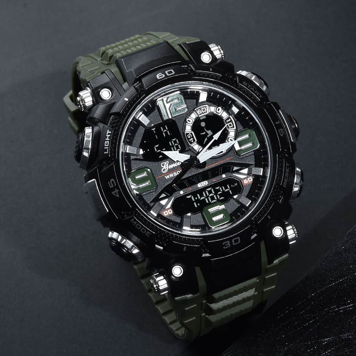 Genoa Japanese and Electronic Movement Multi Functional Black Dial Watch with Army Green Silicone Strap (7.50-8.75 Inches) image number 1