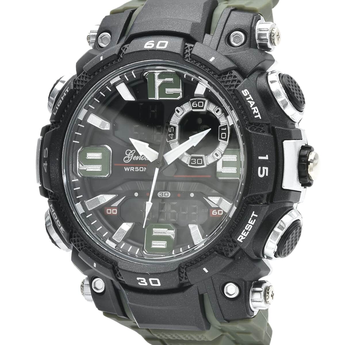 Genoa Japanese and Electronic Movement Multi Functional Black Dial Watch with Army Green Silicone Strap (7.50-8.75 Inches) image number 3