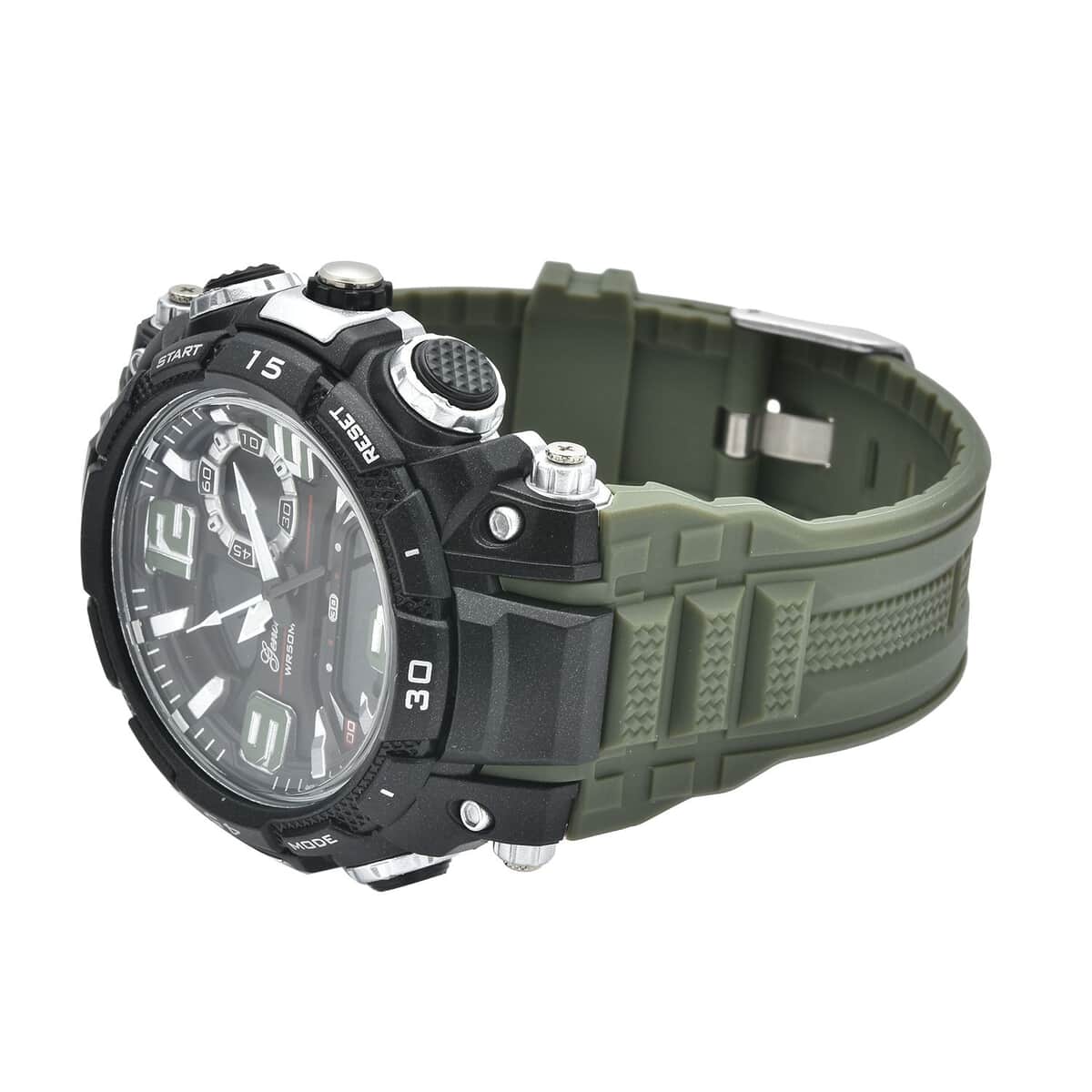 Genoa Japanese and Electronic Movement Multi Functional Black Dial Watch with Army Green Silicone Strap (7.50-8.75 Inches) image number 4