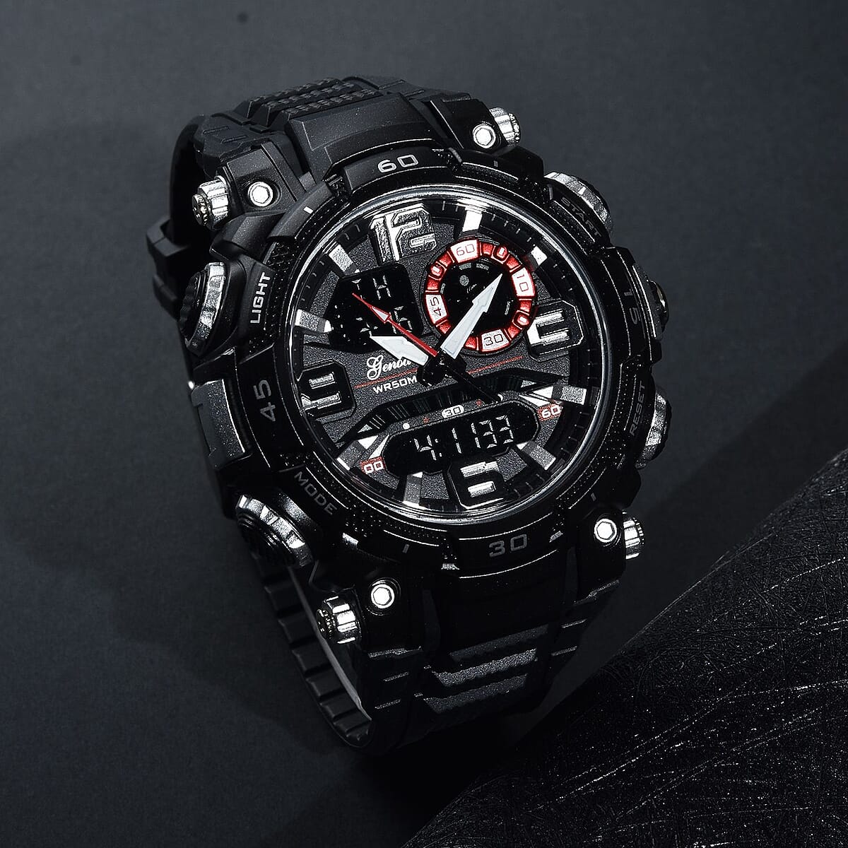 Genoa Japanese and Electronic Movement Multi Functional Black Dial Watch with Black Silicone Strap (7.50-8.75 Inches) image number 1