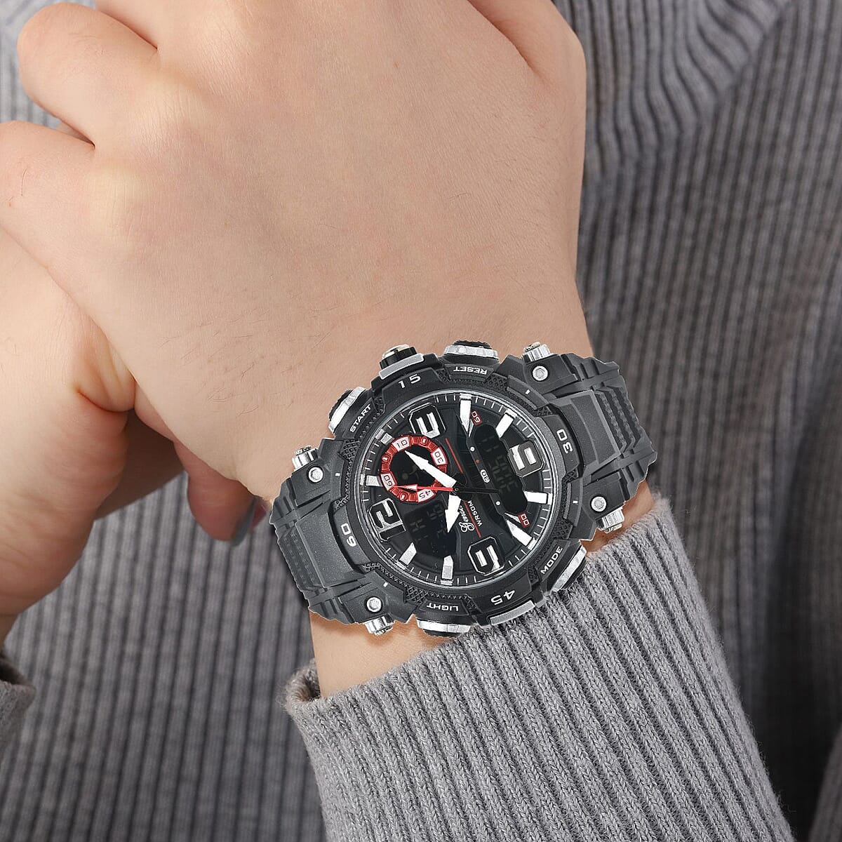 Genoa Japanese and Electronic Movement Multi Functional Black Dial Watch with Black Silicone Strap (7.50-8.75 Inches) image number 2