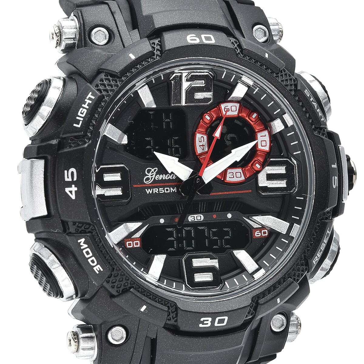 Genoa Japanese and Electronic Movement Multi Functional Black Dial Watch with Black Silicone Strap (7.50-8.75 Inches) image number 3