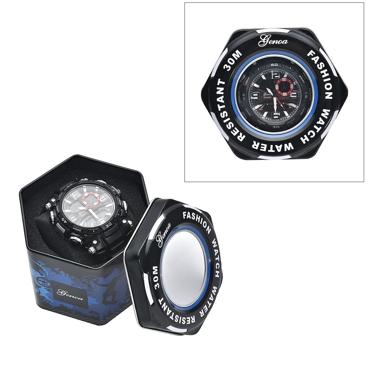 Genoa Japanese and Electronic Movement Multi Functional Black Dial Watch with Black Silicone Strap (7.50-8.75 Inches) image number 5