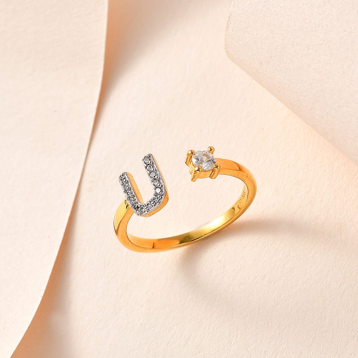 White Zircon Initial U Open Band Ring in Vermeil Yellow Gold Over Sterling Silver (Size 6.0) 0.30 ctw image number 1