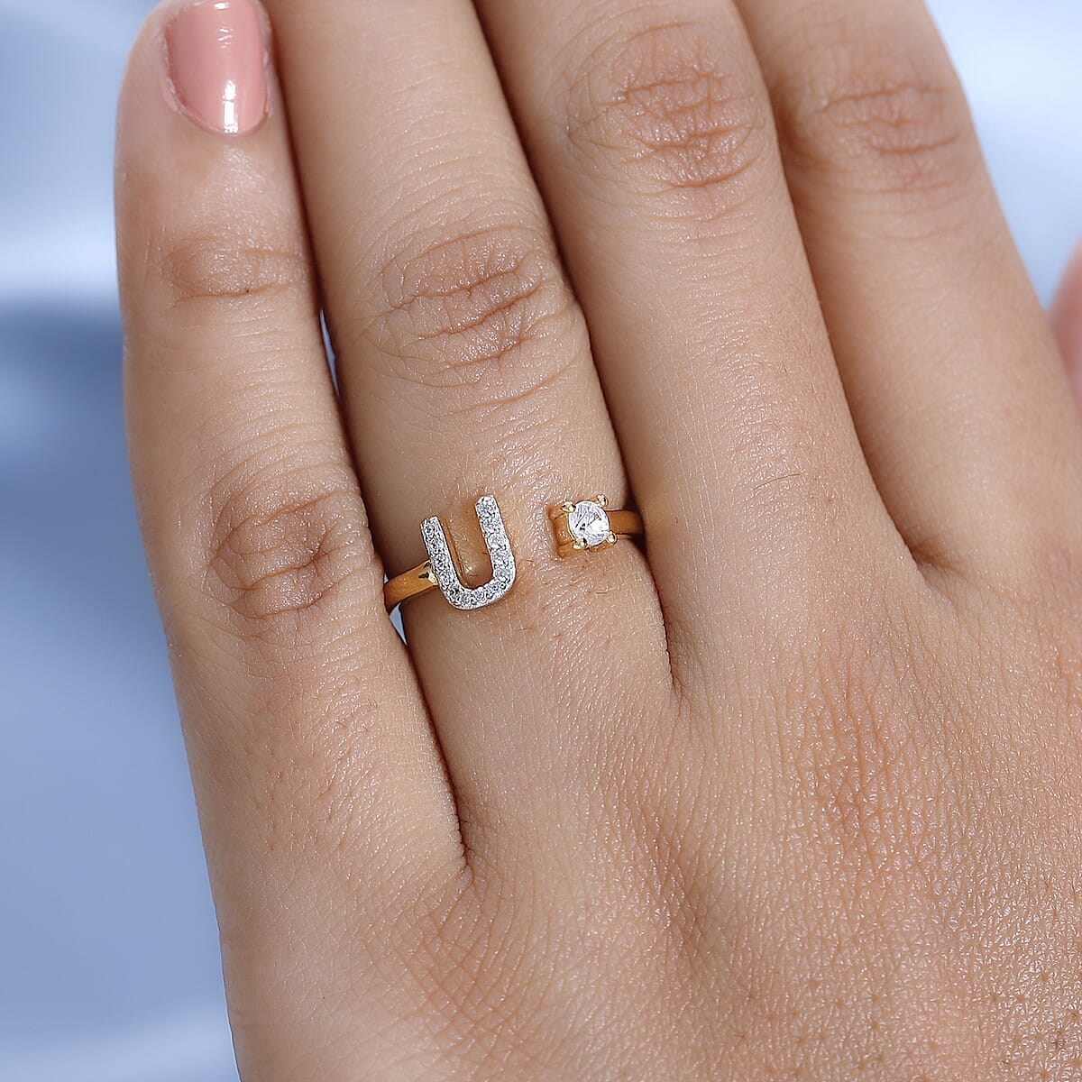White Zircon Initial U Open Band Ring in Vermeil Yellow Gold Over Sterling Silver (Size 6.0) 0.30 ctw image number 2