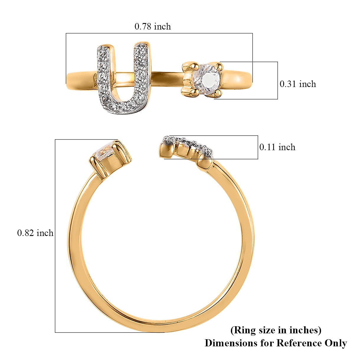 White Zircon Initial U Open Band Ring in Vermeil Yellow Gold Over Sterling Silver (Size 6.0) 0.30 ctw image number 5
