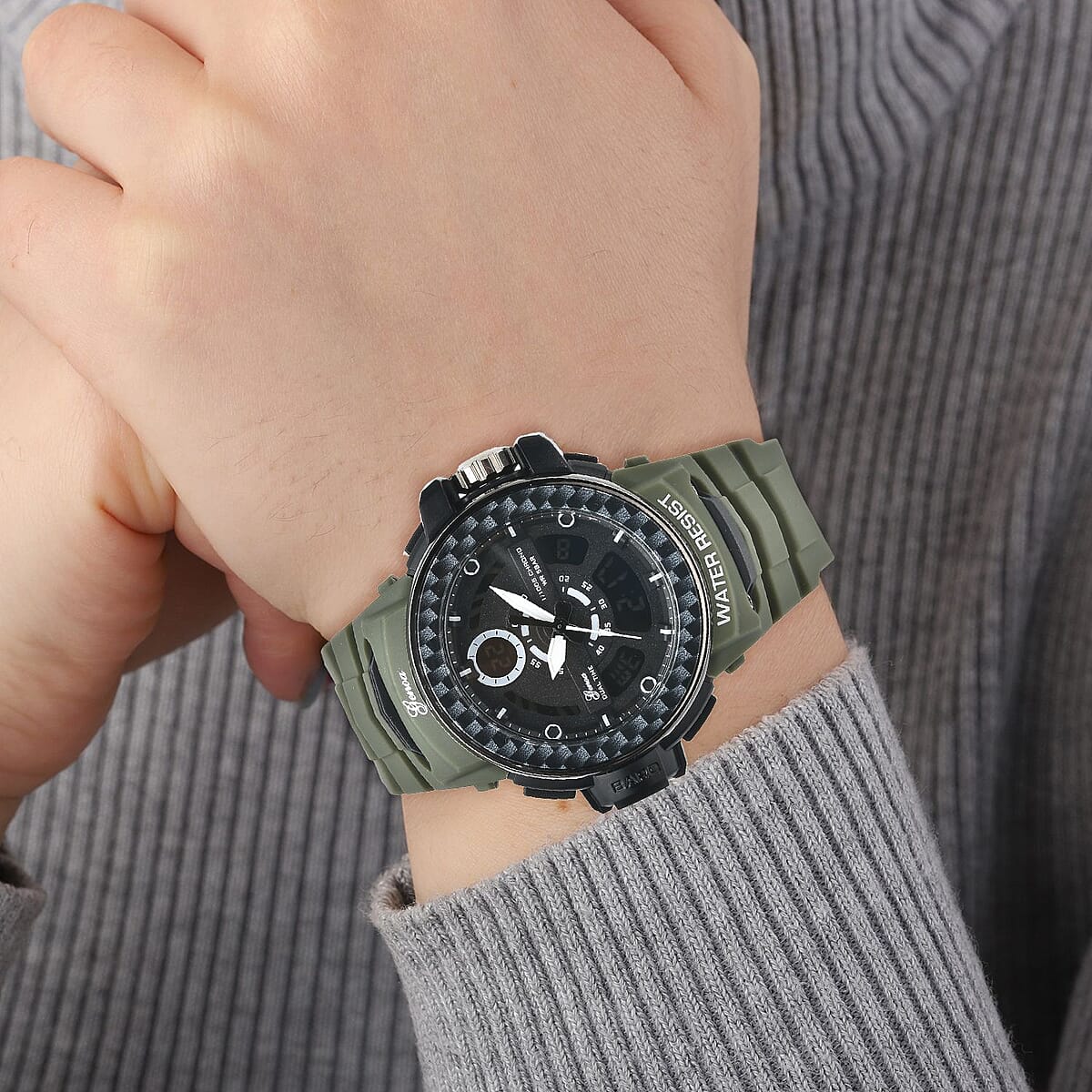 Genoa Miyota Japanese and Electronic Movement Multi Functional Watch with Army Green Strap (44.70mm) (7.5-9.0 Inch) image number 2