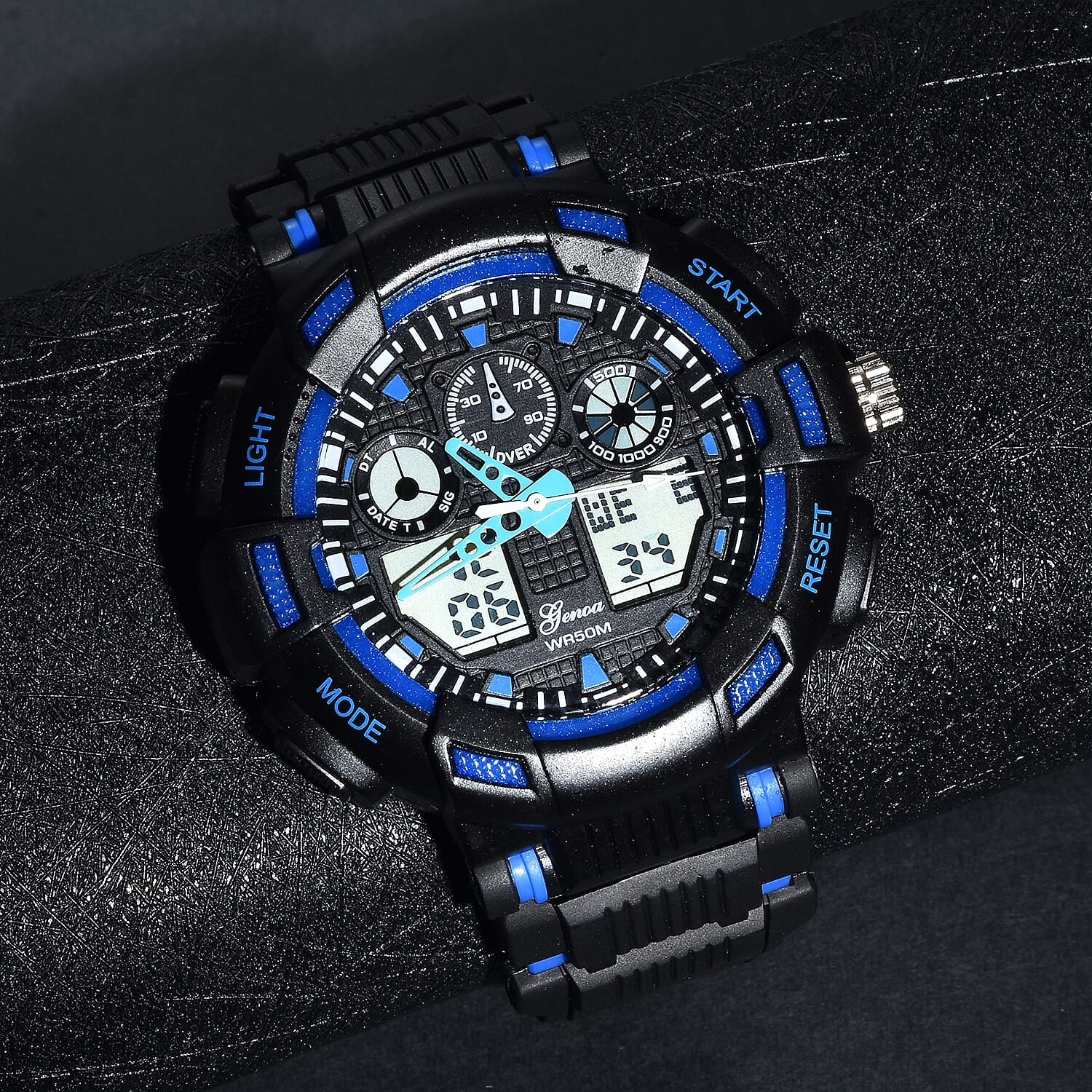 Genoa Japanese and Electronic Movement Watch with Black and Blue Silicone Strap