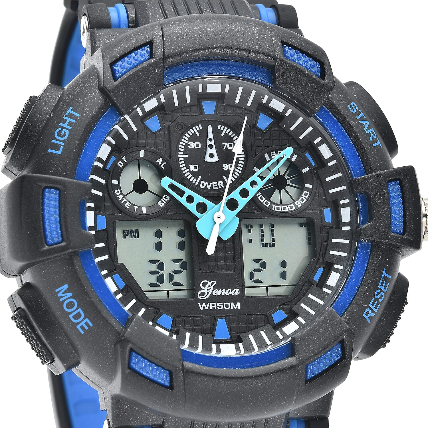 Genoa Japanese and Electronic Movement Watch with Black and Blue Silicone Strap