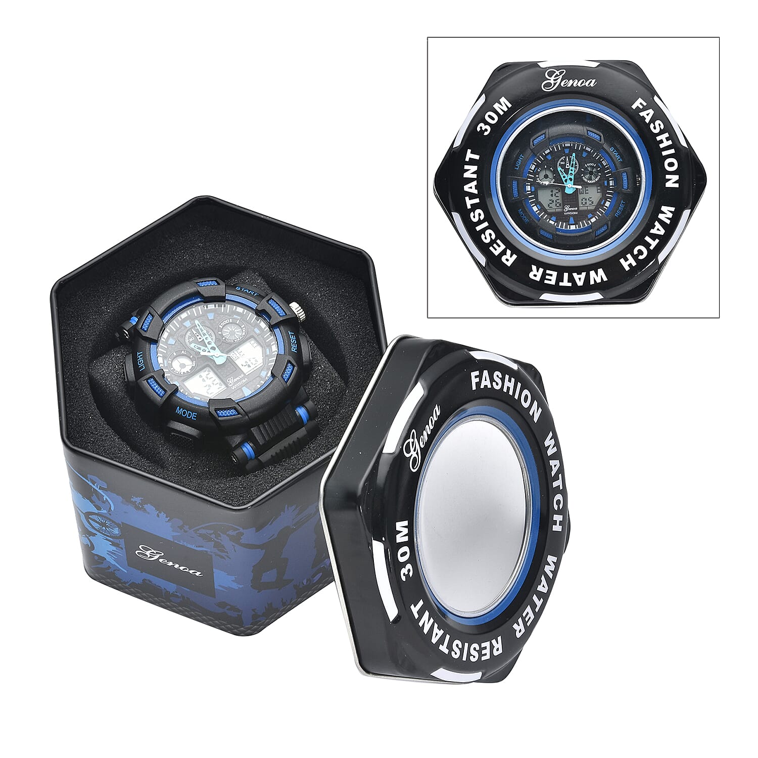 Genoa Japanese and Electronic Movement Watch with Black and Blue Silicone Strap