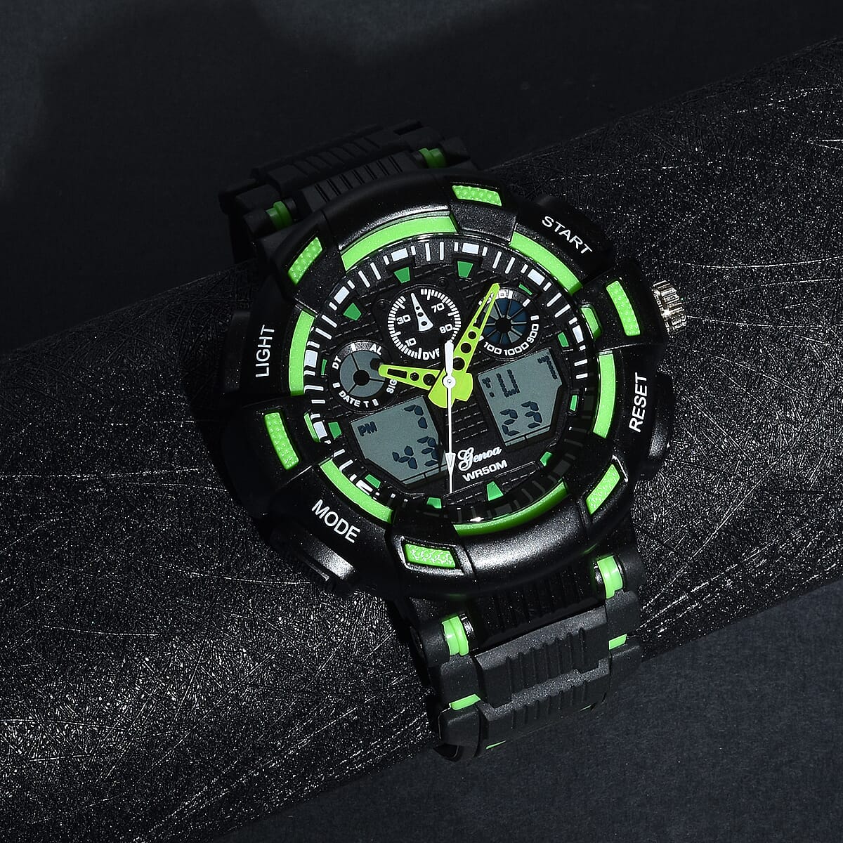 Genoa Japanese and Electronic Movement Watch with Black and Green Silicone Strap image number 1