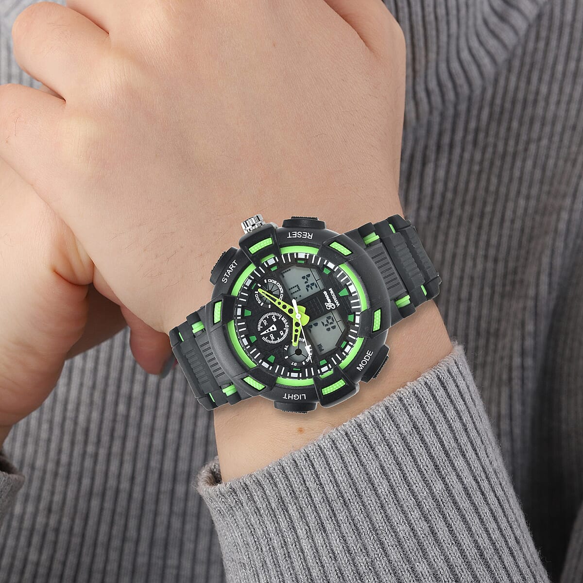 Genoa Japanese and Electronic Movement Watch with Black and Green Silicone Strap image number 2
