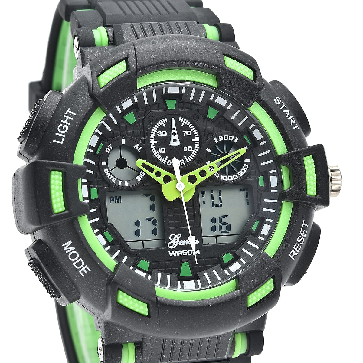 Genoa Japanese and Electronic Movement Watch with Black and Green Silicone Strap image number 3