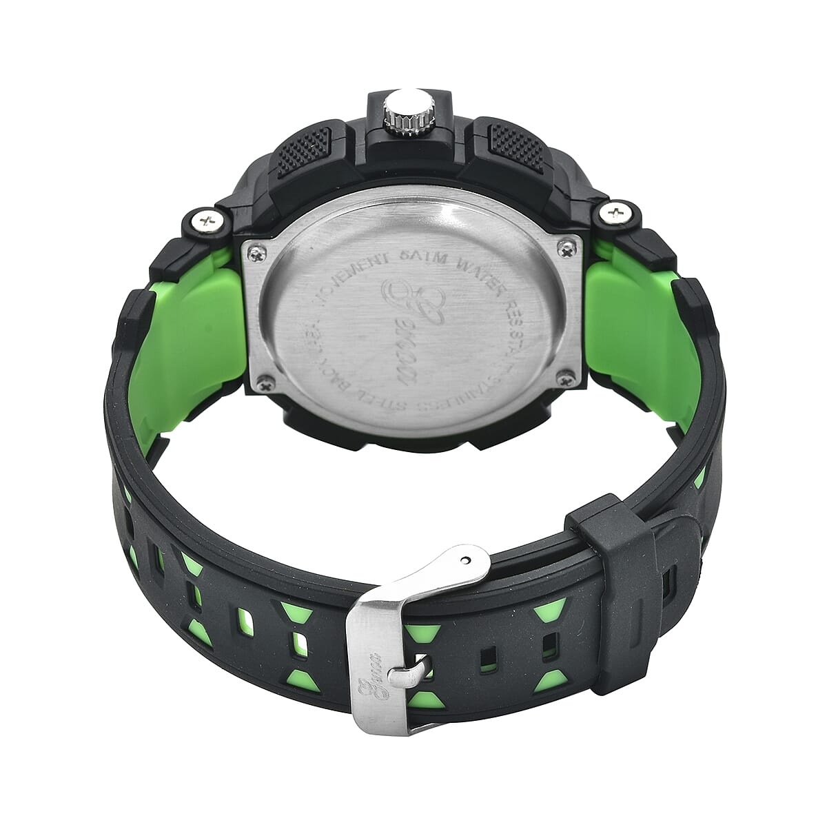 Genoa Japanese and Electronic Movement Watch with Black and Green Silicone Strap image number 5
