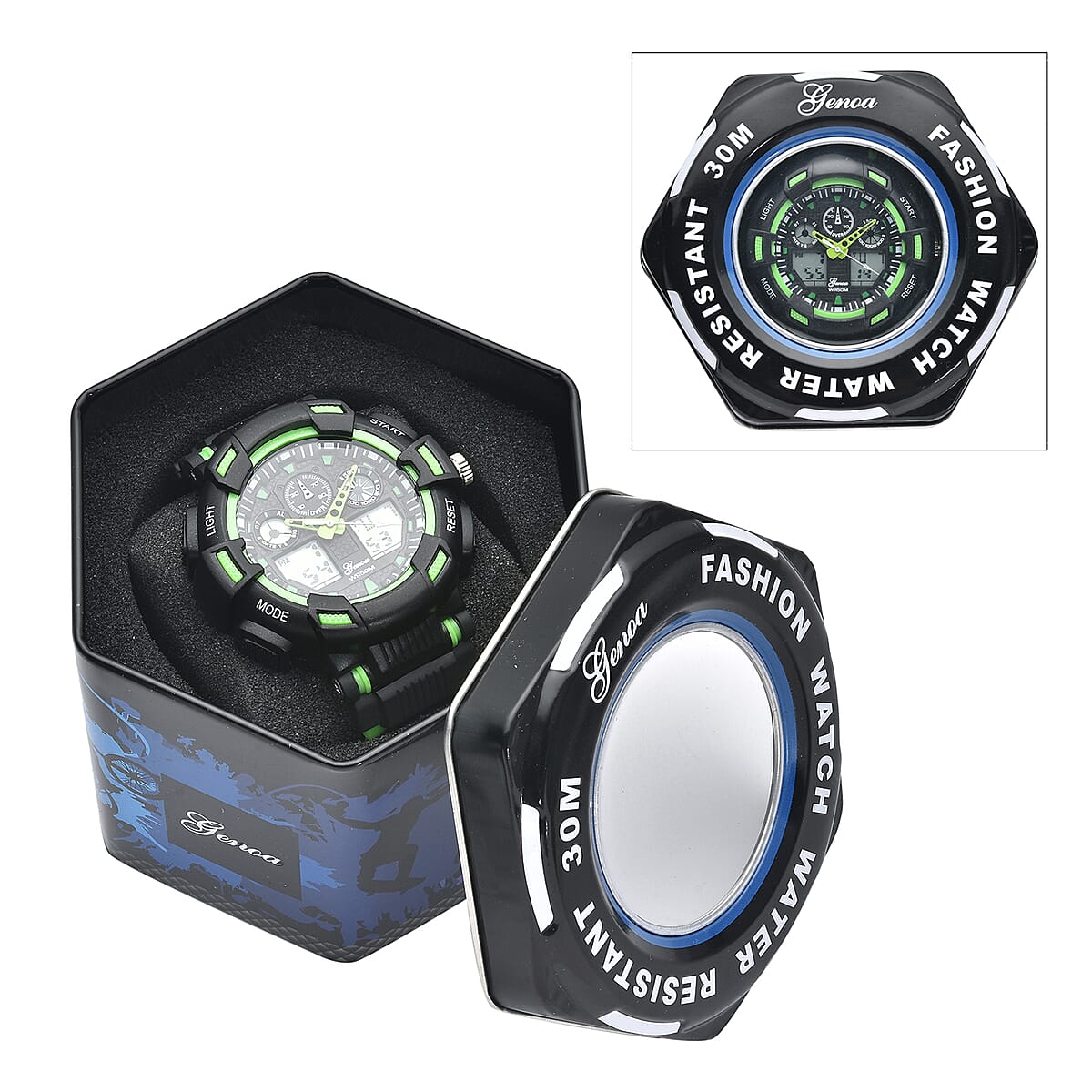 Genoa Japanese and Electronic Movement Watch with Black and Green Silicone Strap image number 6