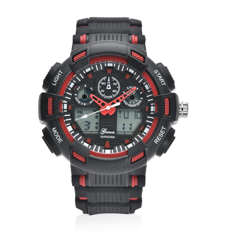Genoa Japanese and Electronic Movement Watch with Black and Red Silicone Strap