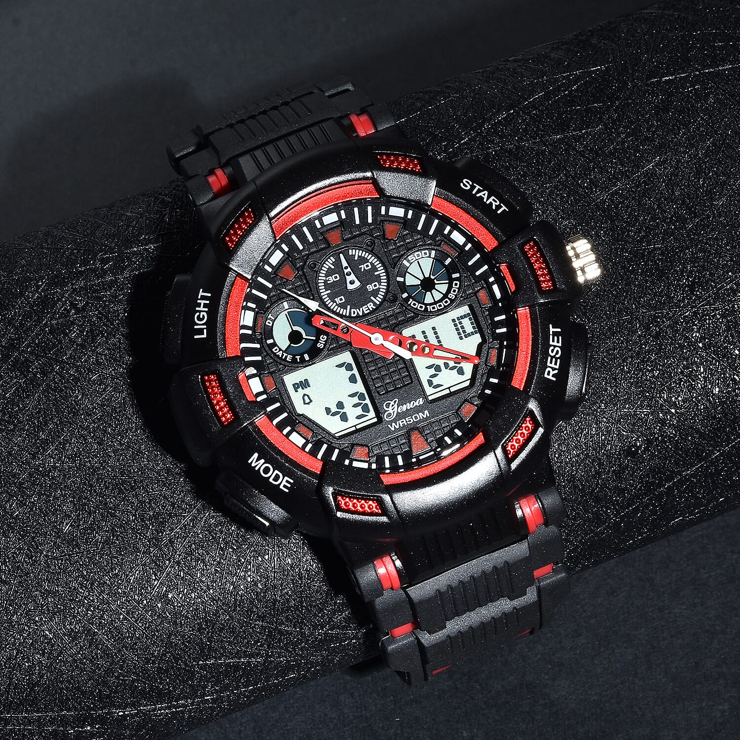 Genoa Japanese and Electronic Movement Watch with Black and Red Silicone Strap