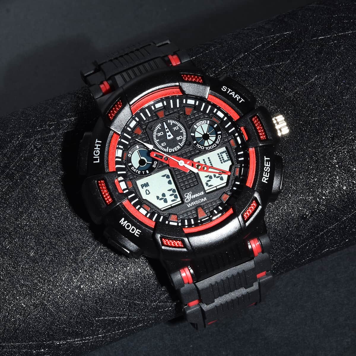 Genoa Japanese and Electronic Movement Watch with Black and Red Silicone Strap image number 1