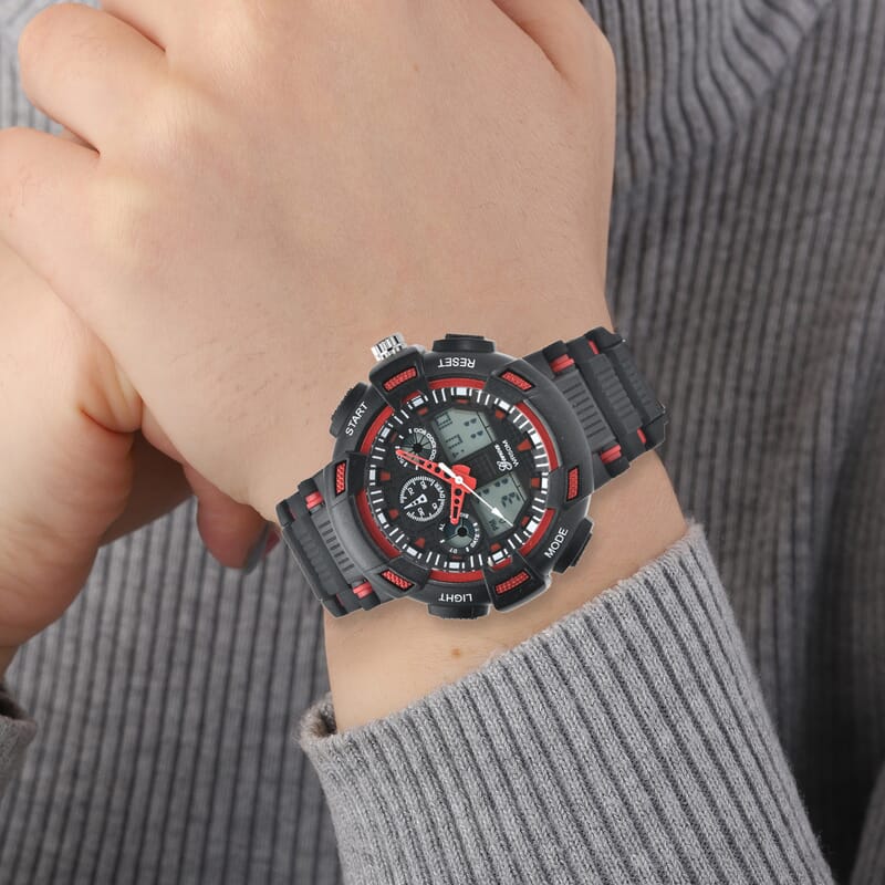 Genoa Japanese and Electronic Movement Watch with Black and Red Silicone Strap