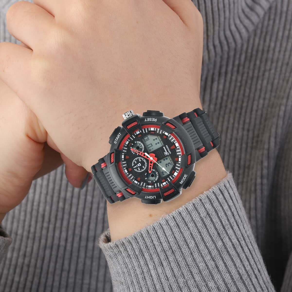 Genoa Japanese and Electronic Movement Watch with Black and Red Silicone Strap image number 2