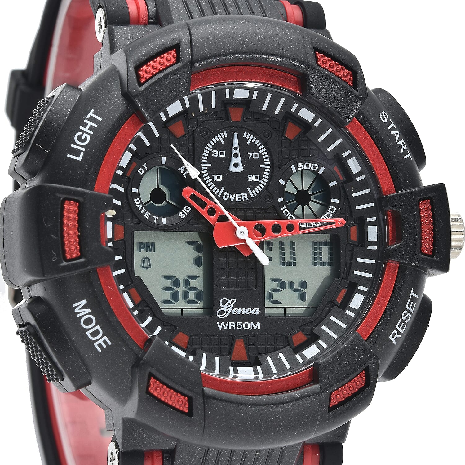 Genoa Japanese and Electronic Movement Watch with Black and Red Silicone Strap