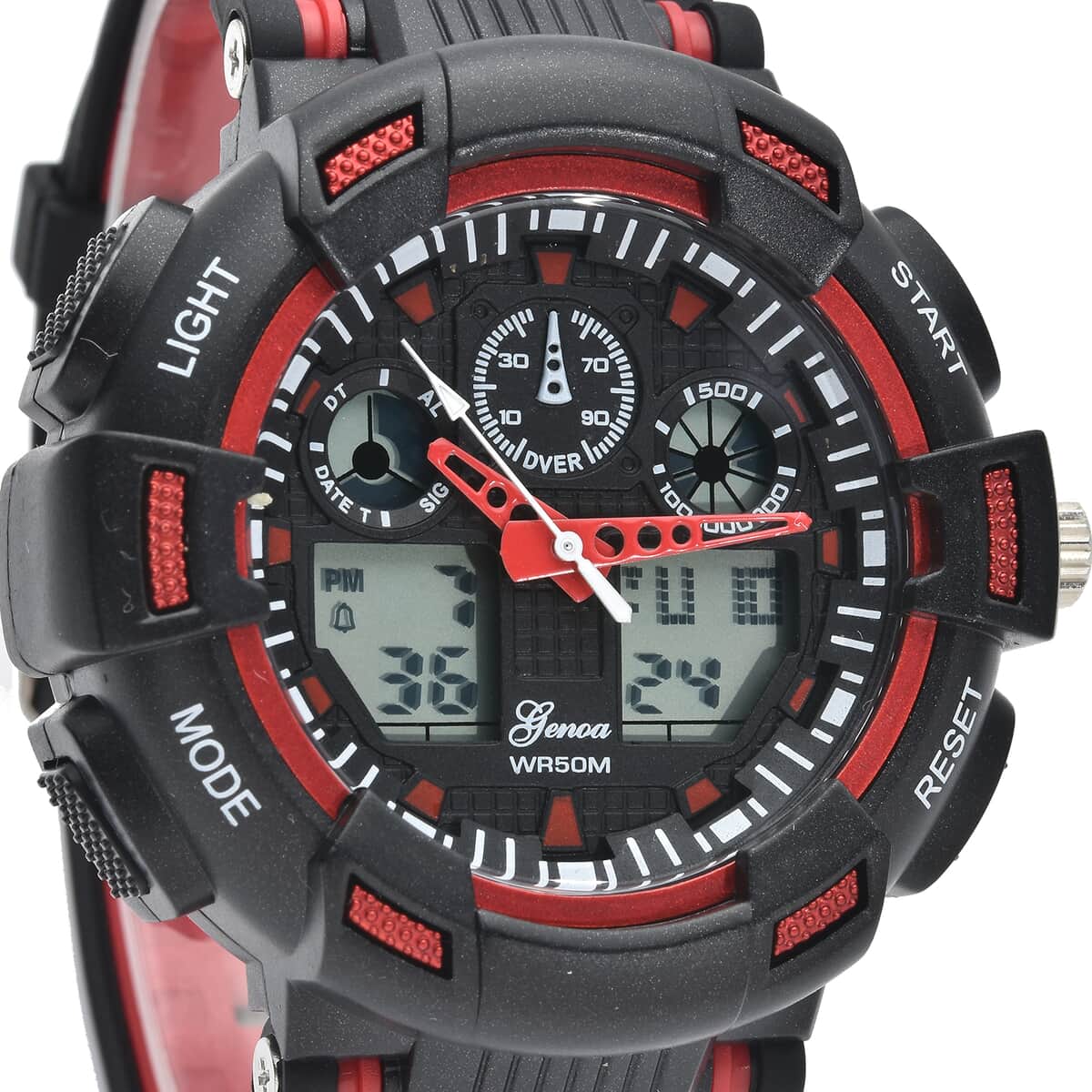 Genoa Japanese and Electronic Movement Watch with Black and Red Silicone Strap image number 3