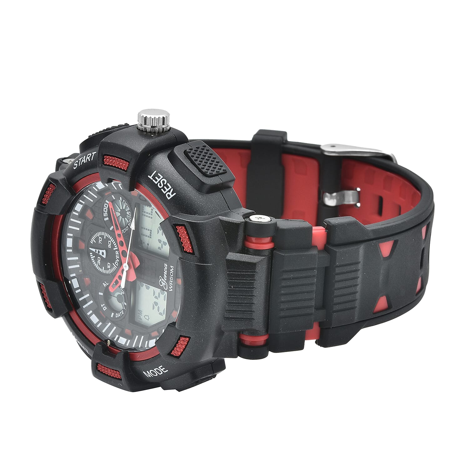 Genoa Japanese and Electronic Movement Watch with Black and Red Silicone Strap