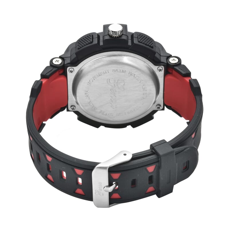 Genoa Japanese and Electronic Movement Watch with Black and Red Silicone Strap