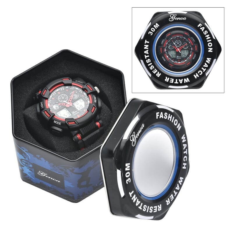 Genoa Japanese and Electronic Movement Watch with Black and Red Silicone Strap