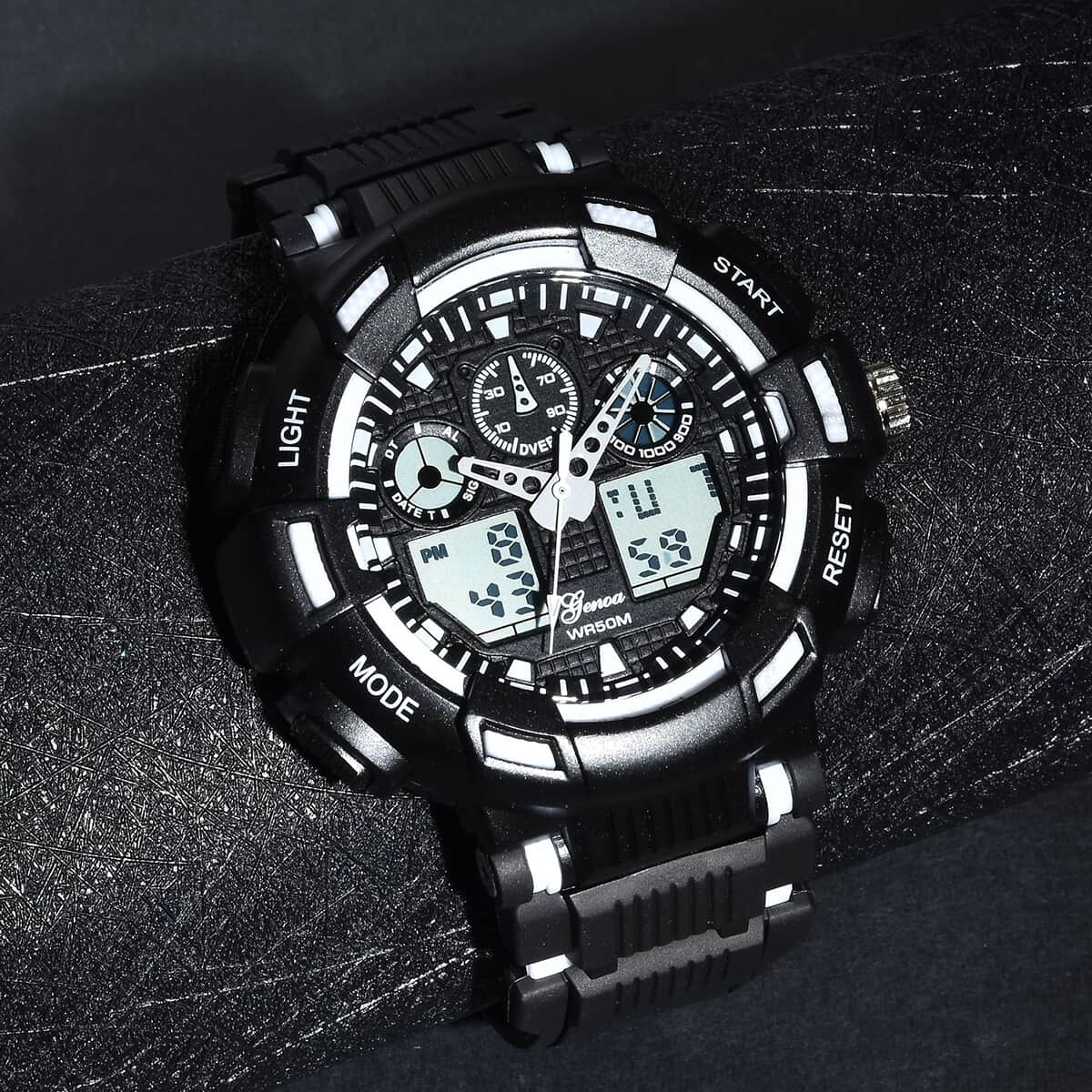 Genoa Japanese and Electronic Movement Watch with Black and White Silicone Strap image number 1