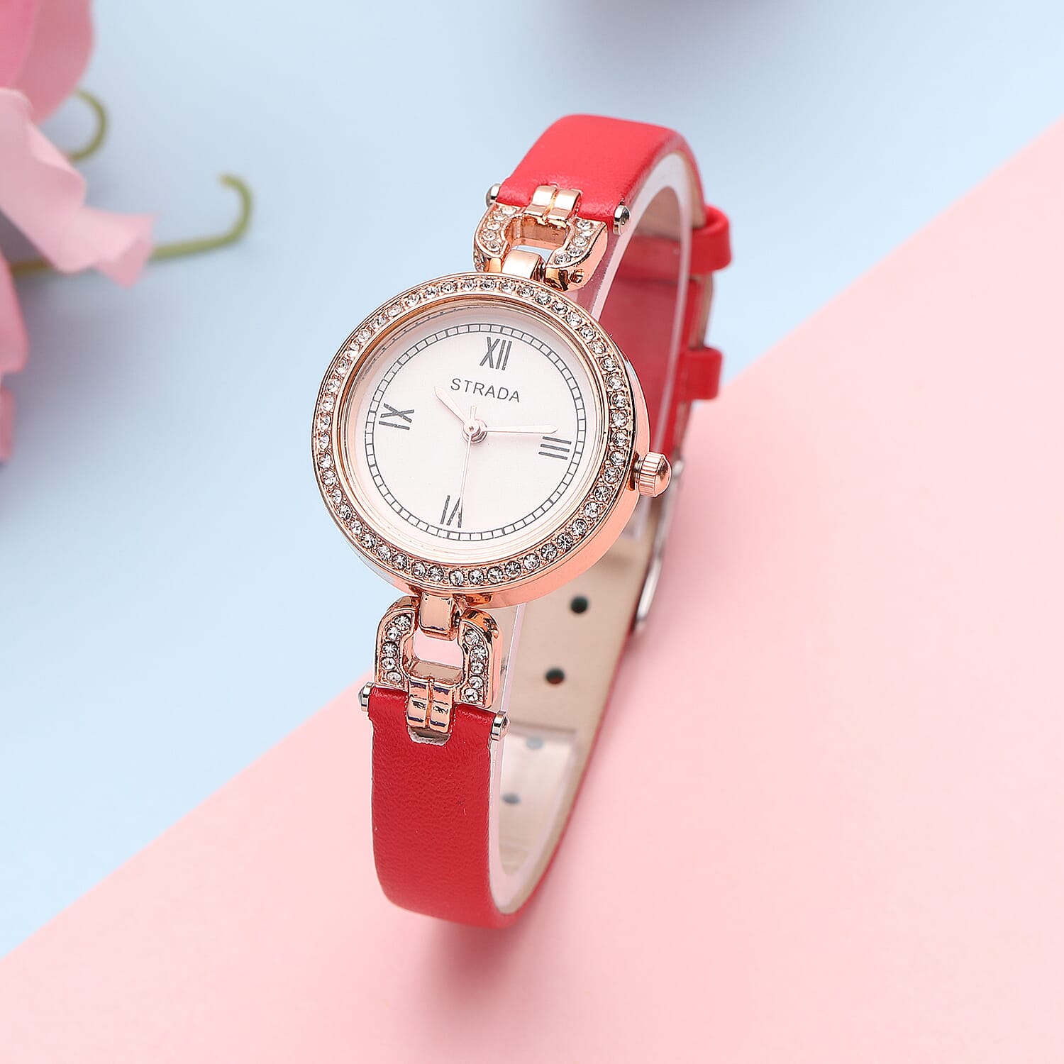 Strada Austrian Crystal Japanese Movement Watch with Red Faux Leather (27.1mm)