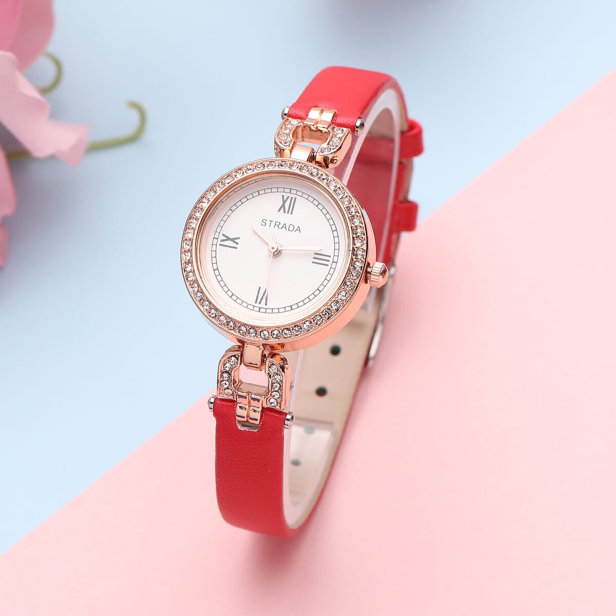Strada Austrian Crystal Japanese Movement Watch with Red Faux Leather (27.1mm) image number 1