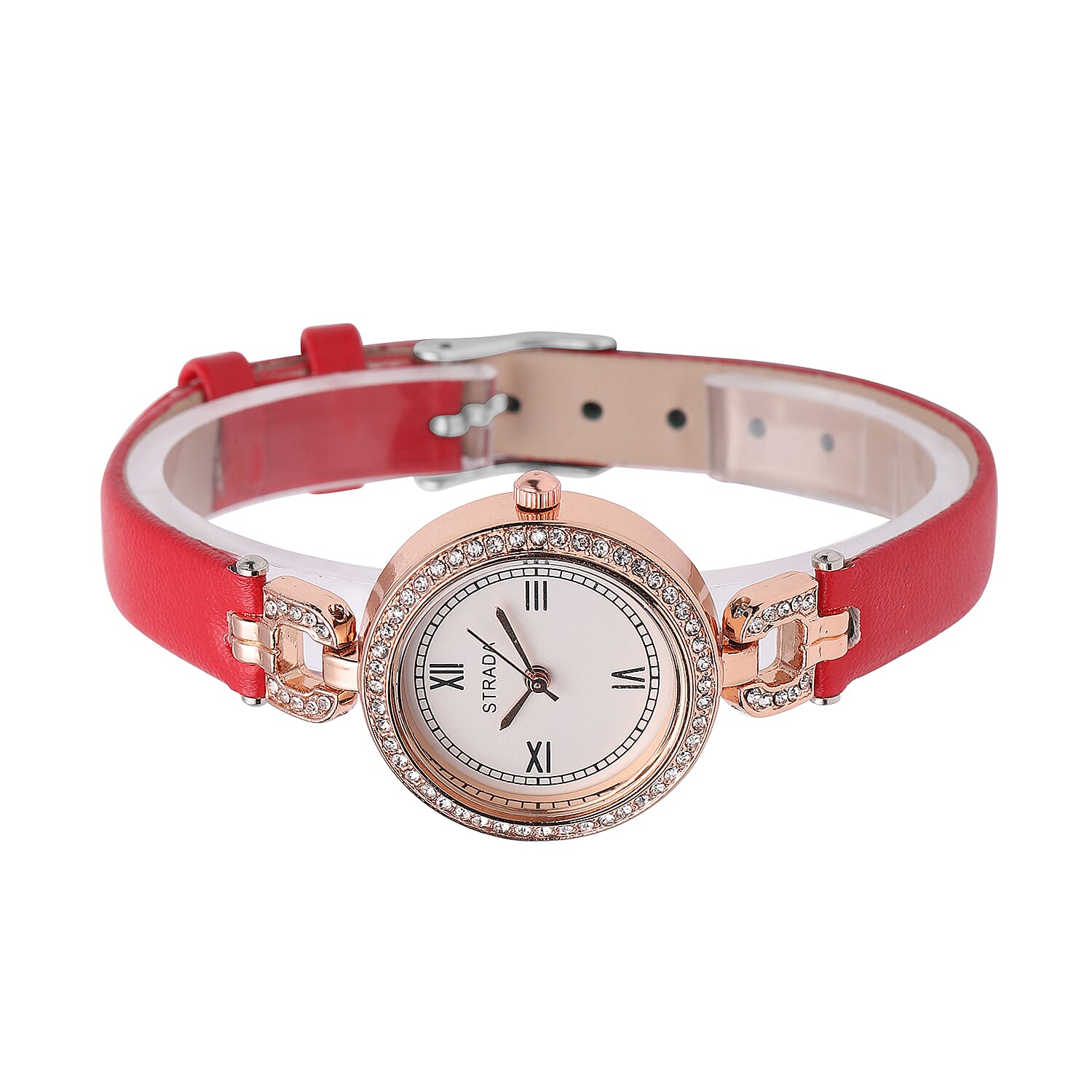 Strada Austrian Crystal Japanese Movement Watch with Red Faux Leather (27.1mm)
