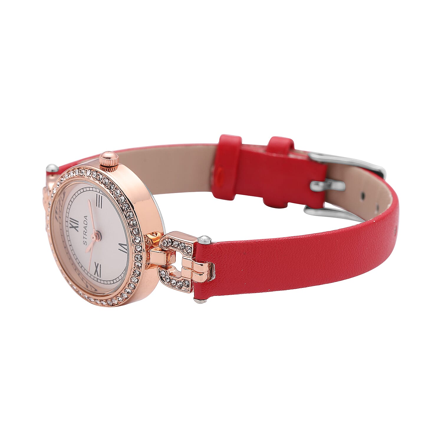 Strada Austrian Crystal Japanese Movement Watch with Red Faux Leather (27.1mm)